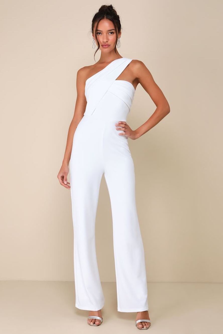 NWOT Lulus Devoted to Fun Ivory One-Shoulder Sleeveless Jumpsuit Cocktail XS